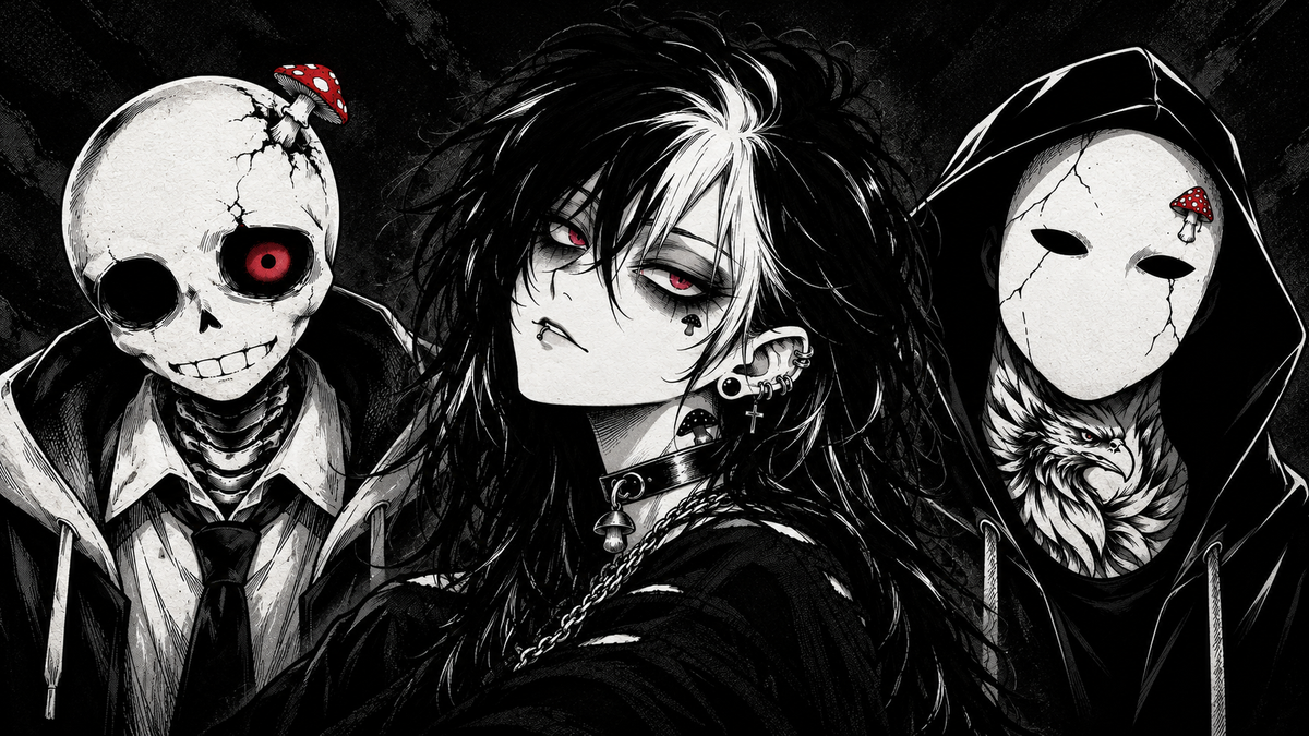 Death Cap Cult character lineup: Hollow on the left, Roxy Rot in the centre, Root on the right, in monochrome horror-manga style with crimson accents.