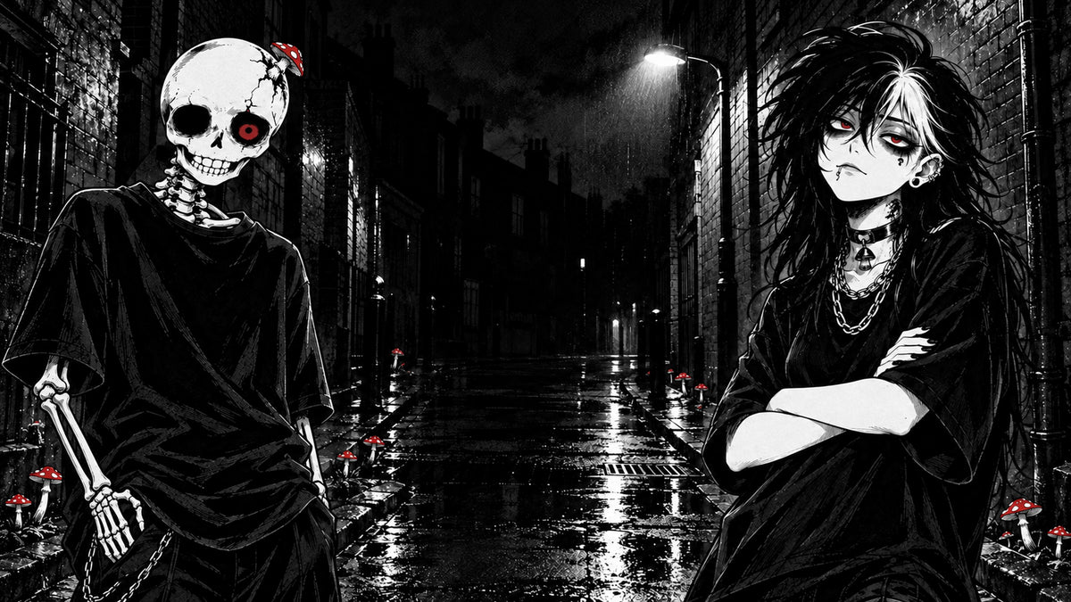 Death Cap Cult UK gothic streetwear homepage artwork in black, white and crimson manga style